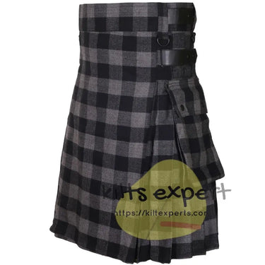 Buffalo Grey/Black Acrylic Wool 16oz Leather Straps Kilt For Men's Kilt Experts