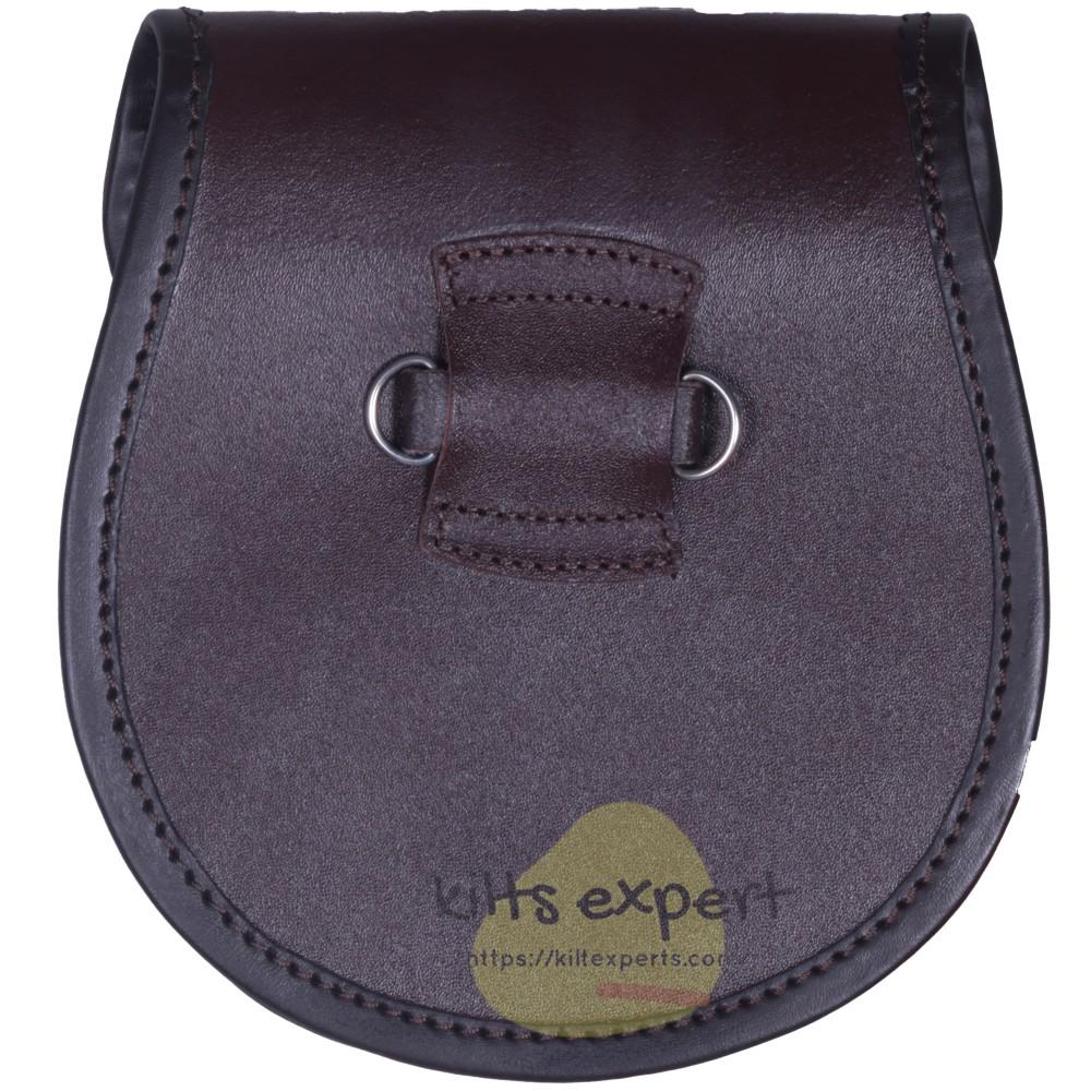 Chocorate Brown Three Teasal Leather Sporrans With Chain & Belt - Blue Douglas Tartan Kilt Experts