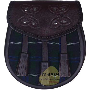Chocorate Brown Three Teasal Leather Sporrans With Chain & Belt - Blue Douglas Tartan Kilt Experts