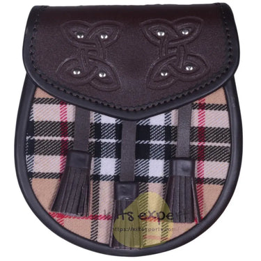 Chocorate Brown Three Teasal Leather Sporrans With Chain & Belt - Camel Tartan Kilt Experts