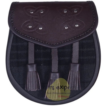 Chocorate Brown Three Teasal Leather Sporrans With Chain & Belt - Dark Grey Highlander Tartan Kilt Experts