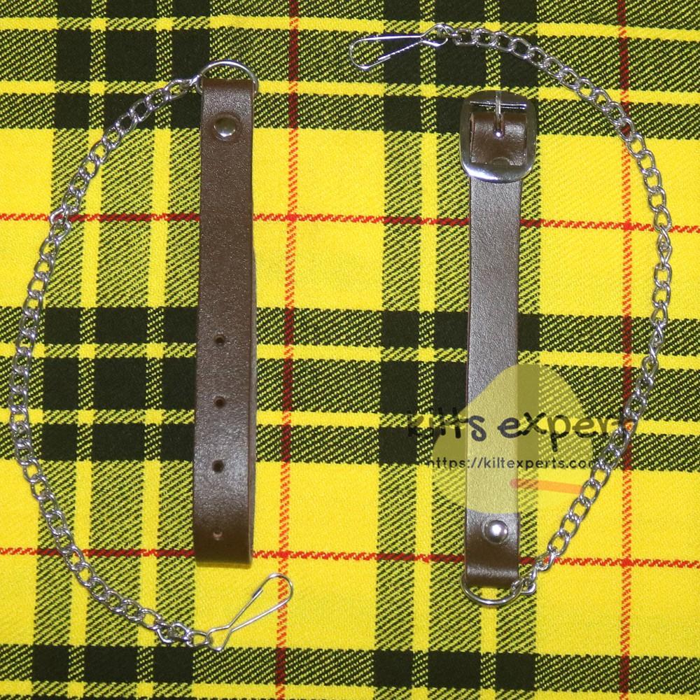 Chocorate Brown Three Teasal Leather Sporrans With Chain & Belt - Dark Grey Highlander Tartan Kilt Experts