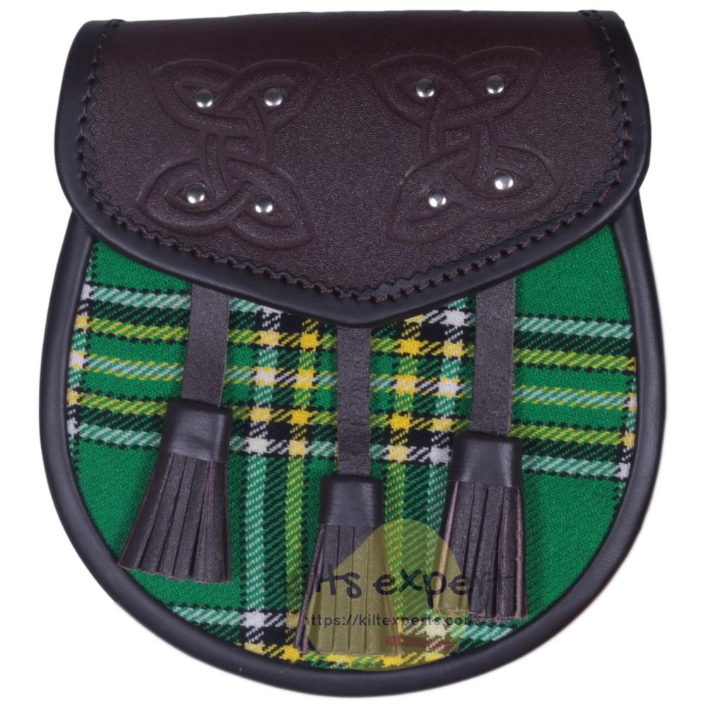 Chocorate Brown Three Teasal Leather Sporrans With Chain & Belt - Irish Heritage Tartan Kilt Experts