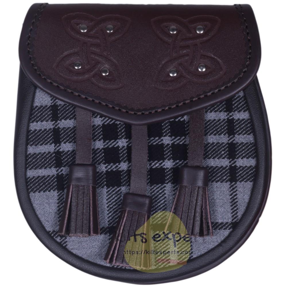 Chocorate Brown Three Teasal Leather Sporrans With Chain & Belt - Light Grey Highlander Tartan Kilt Experts