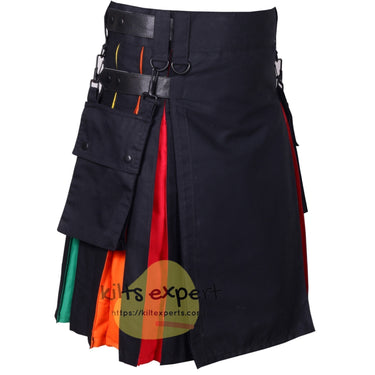 EU Buyer Only - Black Leather Straps Rainbow Utility Kilt - Kilt Experts