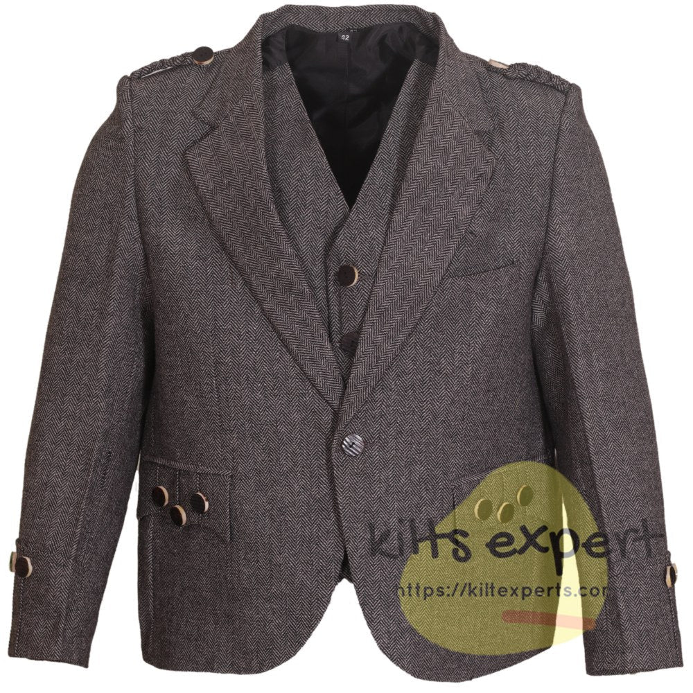 Grey Tweed Wool Argyle Kilt Jacket With 5 Button Vest - Kilt Experts
