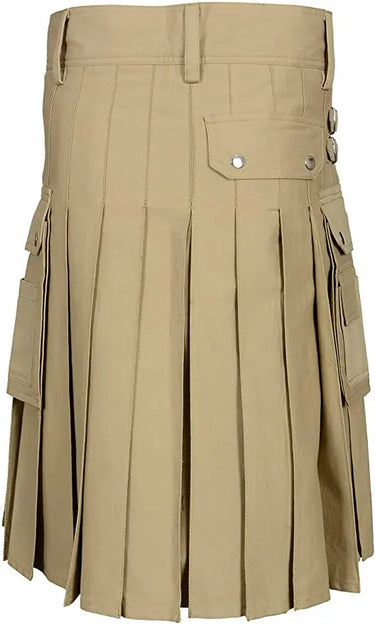 Khaki Modern Utility Kilts For Active Men With Silver Rivets Kilt Experts