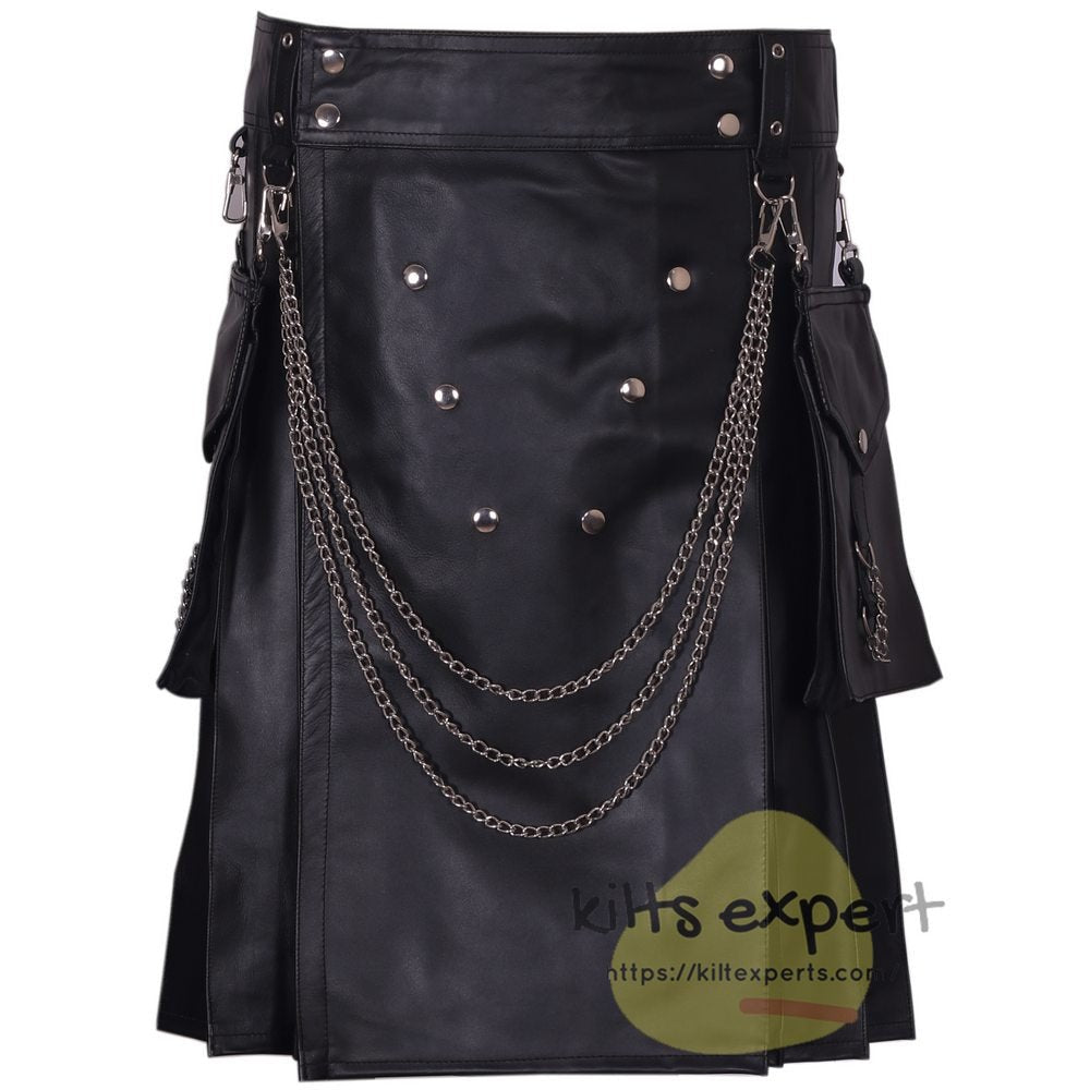 Men's Genuine Cowhide Leather Kilt With Detachable Chain & Pockets - Kilt Experts