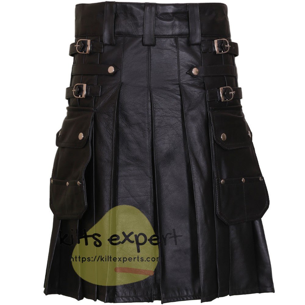 Men's Genuine Cowhide Leather Kilt With Front Removeable Pockets - Kilt Experts