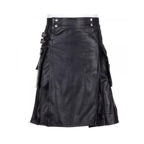 Pure Cowhide Black leather Utility Kilts For Men Kilt Experts