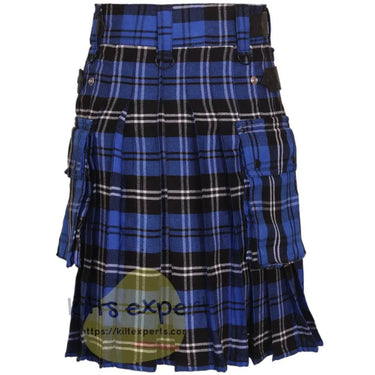 Ramsay Blue Tartan Heavy 16OZ Leather Straps Utility Kilt - Kilt Experts