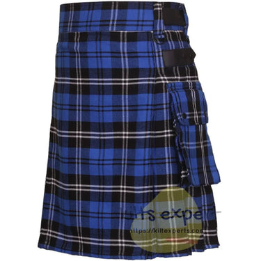 Ramsay Blue Tartan Heavy 16OZ Leather Straps Utility Kilt - Kilt Experts