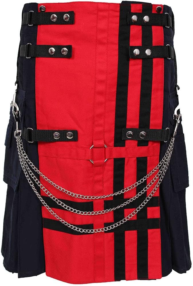 Red & Navy Deluxe Utility Fashion Kilt with Chain 100% Cotton 16-oz Heavy Fabric - Kilt Experts
