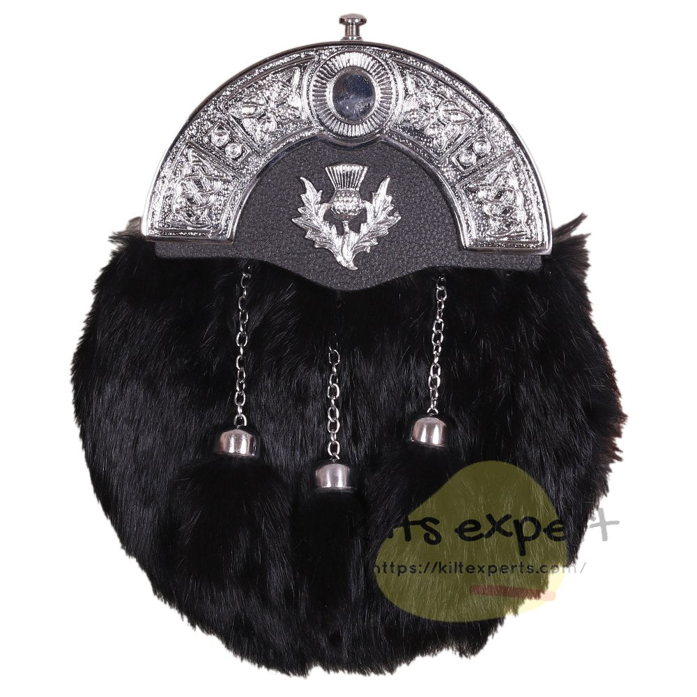 Scottish Black Rabbit Fur Sporran With Three Teasal (Available in Deffirent Metal Badge) - Kilt Experts