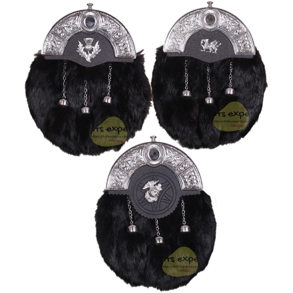 Scottish Black Rabbit Fur Sporran With Three Teasal (Available in Deffirent Metal Badge) - Kilt Experts