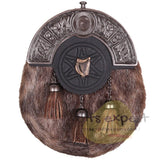 Scottish Celtic Harp Matel Bras Badge and Full Style Kilt Sporrans for Men with a Leather Strap and an Antique Finish Chain - Kilt Experts