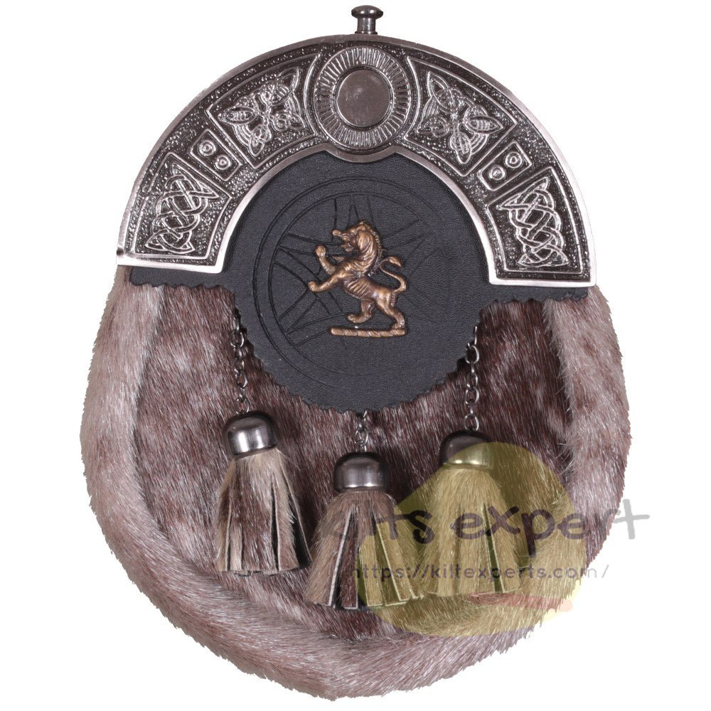 Scottish Lion Crawling Matel Bras Badge and Welsh Dragon Style Kilt Sporrans for Men with a Leather Strap and an Antique Finish Chain - Kilt Experts