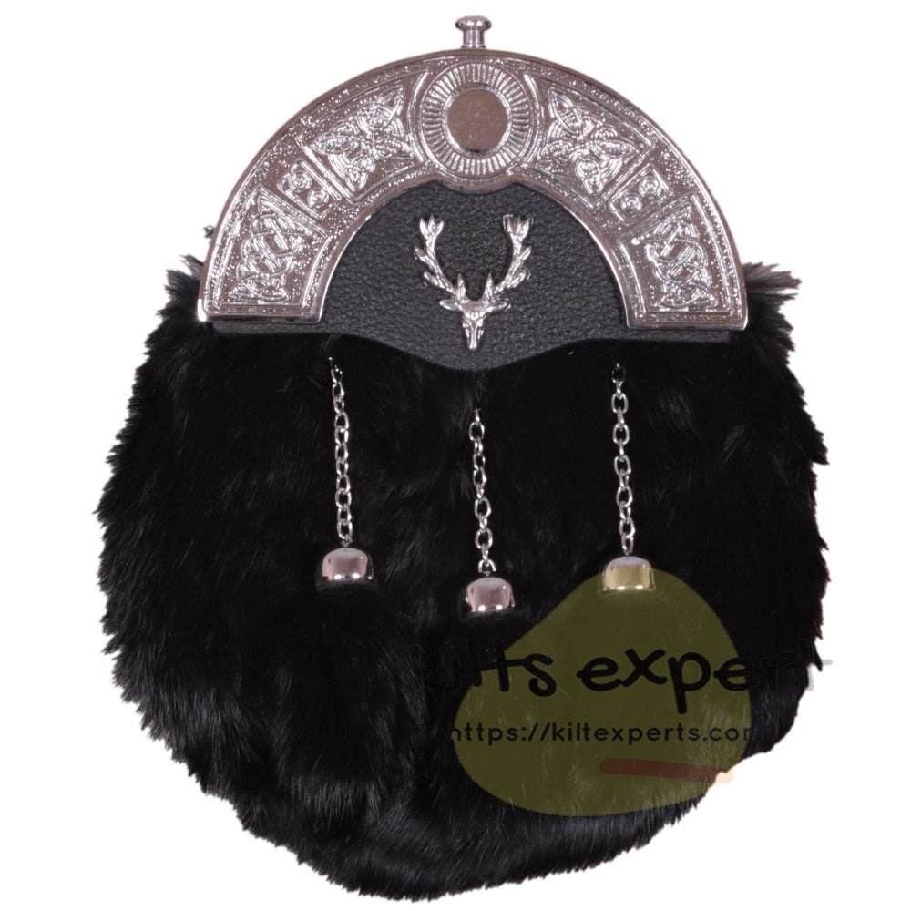 Scottish Stag Head Metal Chroom Badge Black Rabbit Fur Sporran With Chain An Belt - Kilt Experts