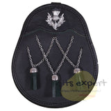 Thistle Crest Metal Bras Badge Leather Sporran With Chain And Belt - Kilt Experts