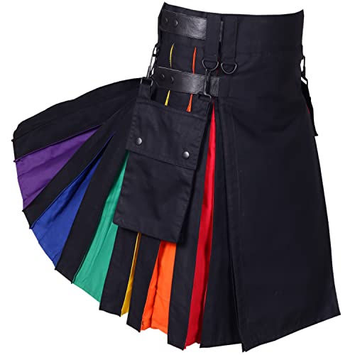 US Buyers Only - Black Leather Straps Rainbow Pleats Utility Kilts For Men - Kilt Experts