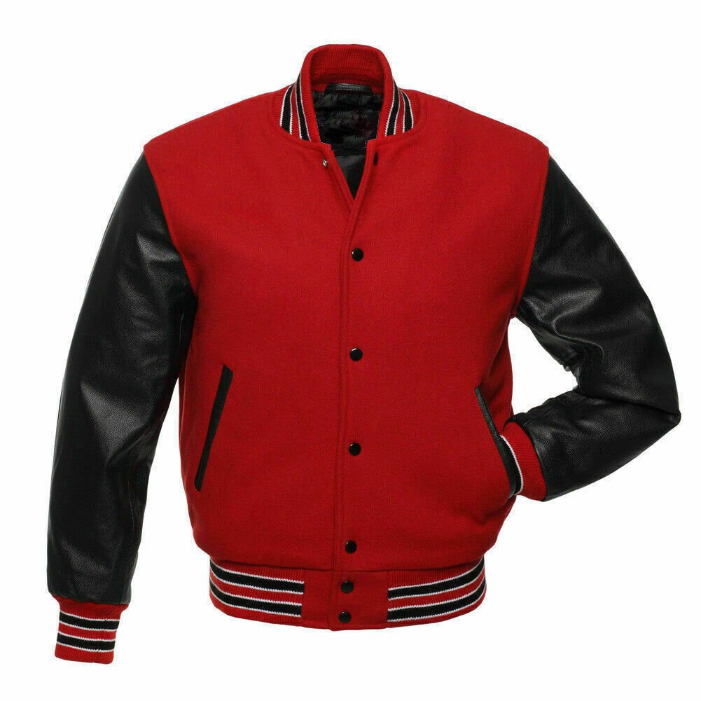 Varsity Letterman Baseball Jacket in Red Wool & Genuine Black Leather Sleeves - Kilt Experts