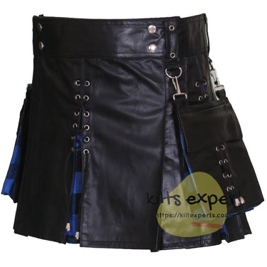 Women's Black Wedding Leather Kilt With Different Tartans In Pleats - Kilt Experts